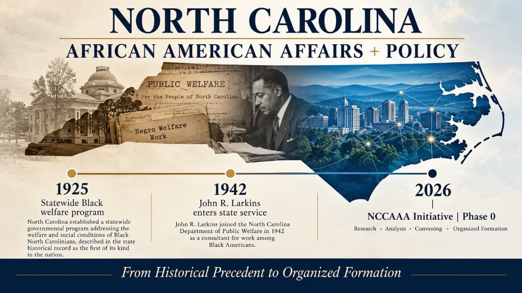 Reference graphic titled “North Carolina: African American Affairs + Policy.” Archival-style scenes, including a domed government building, file folders labeled “Public Welfare” and “Negro Welfare Work,” and a man writing at a desk, blend into a present-day North Carolina skyline inside an outline of the state, above a 1925, 1942, and 2026 timeline. The timeline text is repeated beside the image.